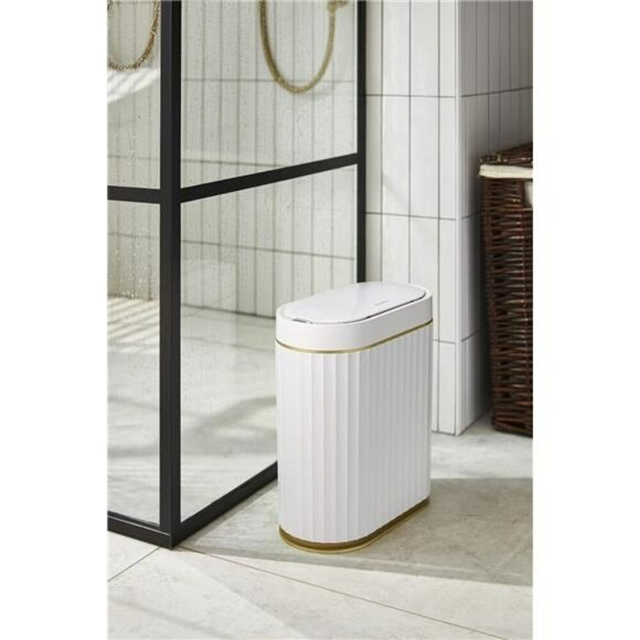 Motion Sensor Trash Can 2 Gallon White Gold Slim Bathroom Kitchen Office Bin - Picture 2 of 7